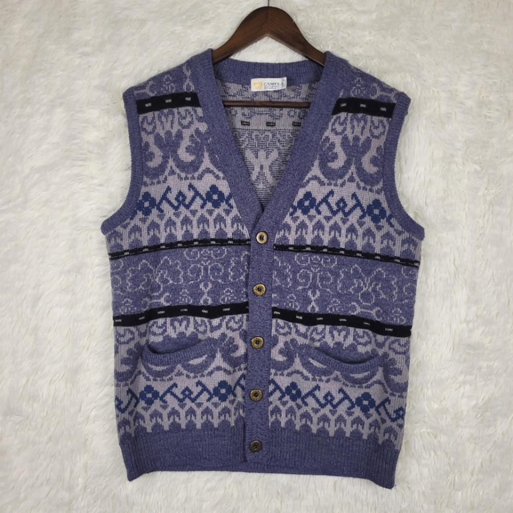 Vtg‎ Camela Lambswool Blend Puff Knit Sweater Vest Adult Medium Purple Fair Isle